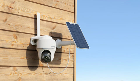 Reolink Go PT Plus 2K+ 5MP Wire-Free 4G LTE PT Battery Camera with Color Night Vision mounted on shed with solar panel