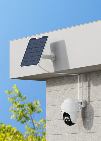 Reolink Go PT Plus 2K+ 5MP Wire-Free 4G LTE PT Battery Camera with Color Night Vision mounted on external wall with 3W solar panel