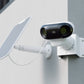 Reolink RLA-BKC1 Corner Mount Bracket mounted on external wall with dual lens reolink camera and white solar panel 2