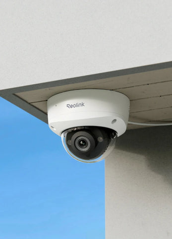 Reolink RLC-540A 5MP IK10 Vandal-Proof PoE Camera mounted on external ceiling 