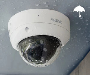 Reolink RLC-843A Smart 4K PoE IK10 Camera with 5X Optical Zoom displaying IP67 weatherproofing. 