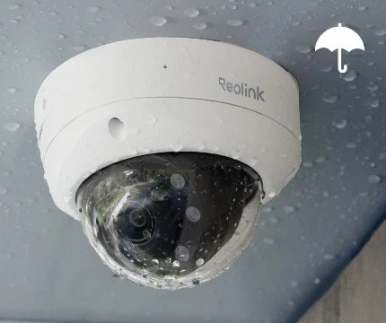 Reolink RLC-843A Smart 4K PoE IK10 Camera with 5X Optical Zoom displaying IP67 weatherproofing. 