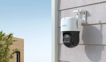 Reolink TrackMix LTE 4G LTE Dual-Lens Battery Security Camera with Auto-Zoom Tracking on external wall 