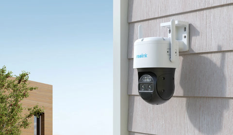 Reolink TrackMix LTE 4G LTE Dual-Lens Battery Security Camera with Auto-Zoom Tracking on external wall 