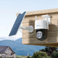 Reolink TrackMix LTE 4G LTE Dual-Lens Battery Security Camera with Auto-Zoom Tracking mounted on wooden porch next to solar panel looking over barns 