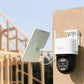 Reolink TrackMix LTE 4G LTE Dual-Lens Battery Security Camera with Auto-Zoom Tracking on wooden post looking over construction site