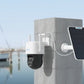 Reolink TrackMix LTE 4G LTE Dual-Lens Battery Security Camera with Auto-Zoom Tracking on concrete post with solar panel looking over dockyard
