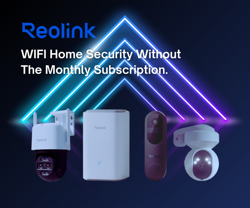 reolink cameras, doorbell and home hub on a dark blue background 