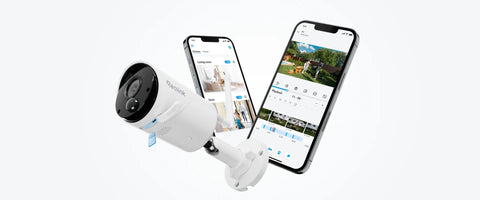Reolink Argus Eco Wire-Free Wireless Outdoor Battery/Solar-Powered Security Camera displaying SD card slot on camera and reolink companion app