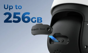 RLC-823S1W
4K Dual-Band Wi-Fi 6 PTZ Security Camera with 360° All-Around Protection rear view displaying SD card slot and 256gb storage capacity
