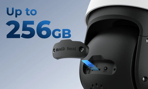 RLC-823S1W
4K Dual-Band Wi-Fi 6 PTZ Security Camera with 360° All-Around Protection rear view displaying SD card slot and 256gb storage capacity