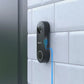 Reolink video doorbell black POE on front door with CAT5e cable graphic behind