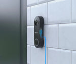 Reolink video doorbell black POE on front door with CAT5e cable graphic behind
