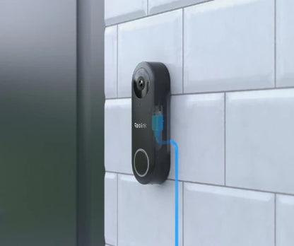 Reolink video doorbell black POE on front door with CAT5e cable graphic behind