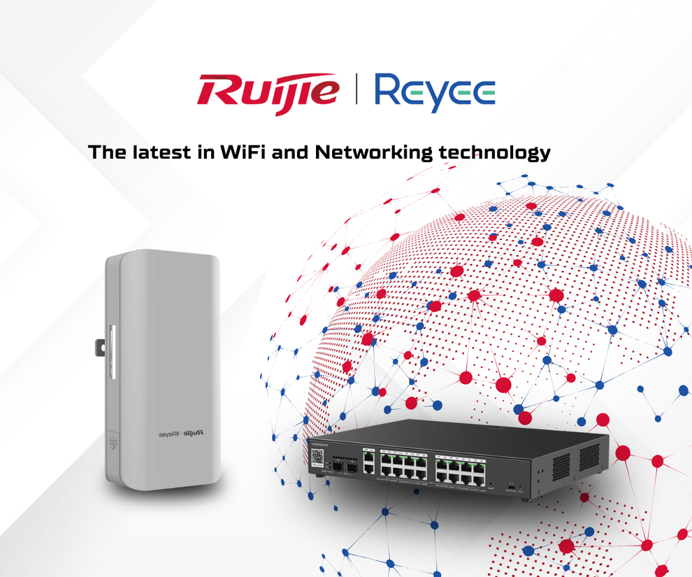 Ruijie Reyee networking equipment mobile banner image with a network switch and wireless bridge on a white background 