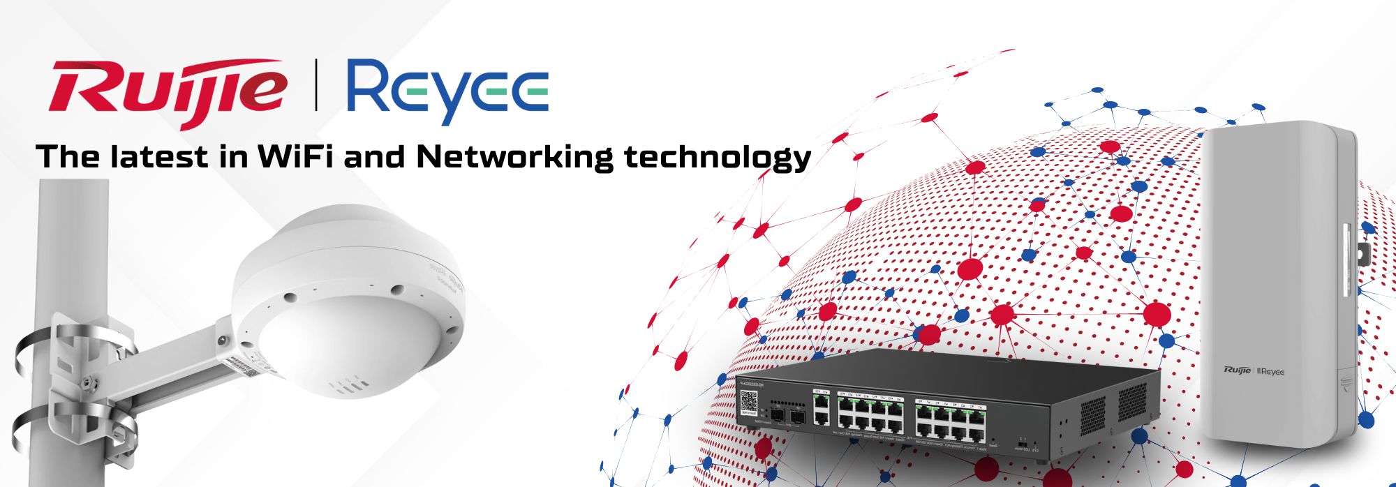 Ruijie Reyee WiFi and networking technology products with network devices and antennas on a white background.