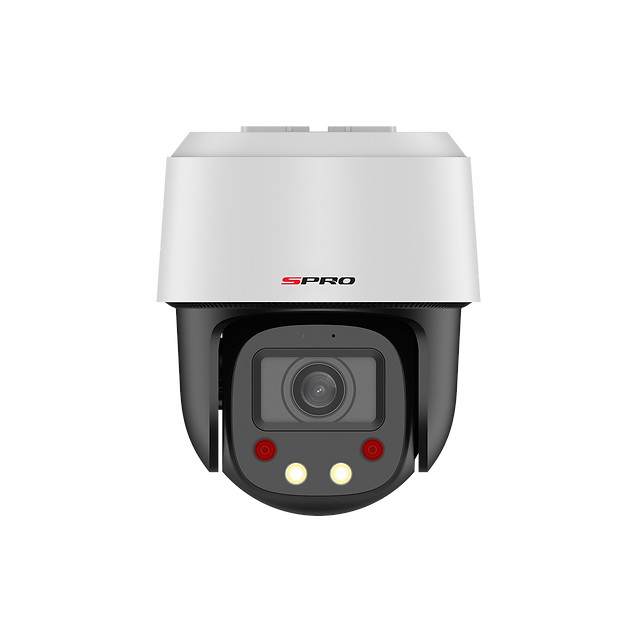 SPRO IP Mini Indoor PTZ with black cameras and white housing and lights off  