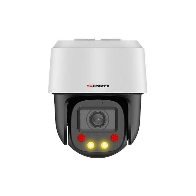 SPRO IP Mini Indoor PTZ with black cameras and white housing and lights on