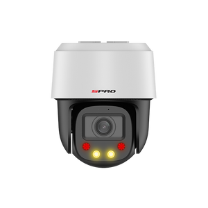 SPRO IP Mini Indoor PTZ with black cameras and white housing and lights on