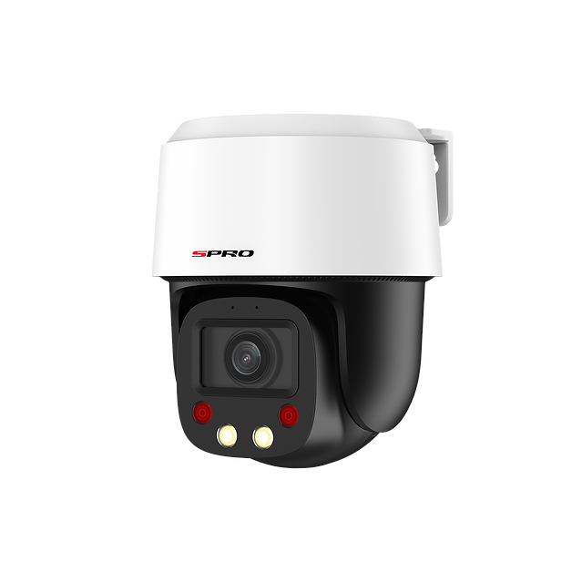 SPRO IP Mini Indoor PTZ with black camera and white housing and lights off facing off centre to the left