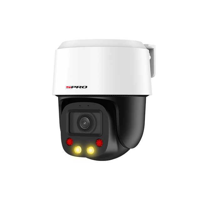 SPRO IP Mini Indoor PTZ with black cameras and white housing and lights on facing slightly to the left