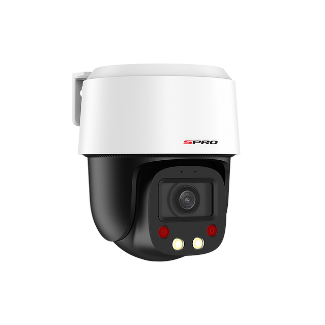 SPRO IP Mini Indoor PTZ with black cameras and white housing and lights off facing to the right