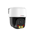 SPRO IP Mini Indoor PTZ with black cameras and white housing and lights on facing to the right