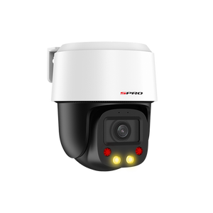 SPRO IP Mini Indoor PTZ with black cameras and white housing and lights on facing to the right