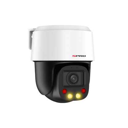 SPRO IP Mini Indoor PTZ with black cameras and white housing and lights on facing to the right