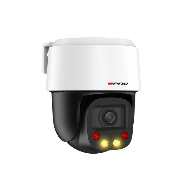 SPRO IP Mini Indoor PTZ with black cameras and white housing and lights on facing to the right