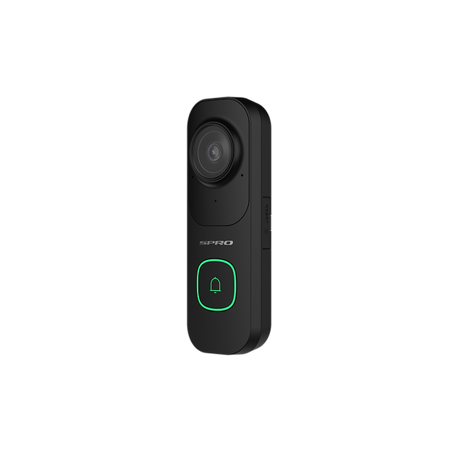 SPRO black smart WIFI video doorbell with a green light 3/4 view on a white background