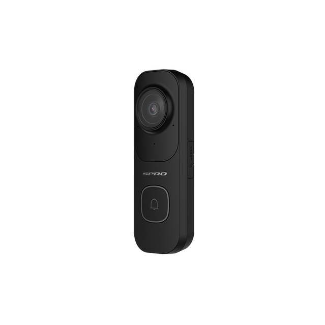 SPRO black smart WIFI video doorbell facing 3/4 view on a white background