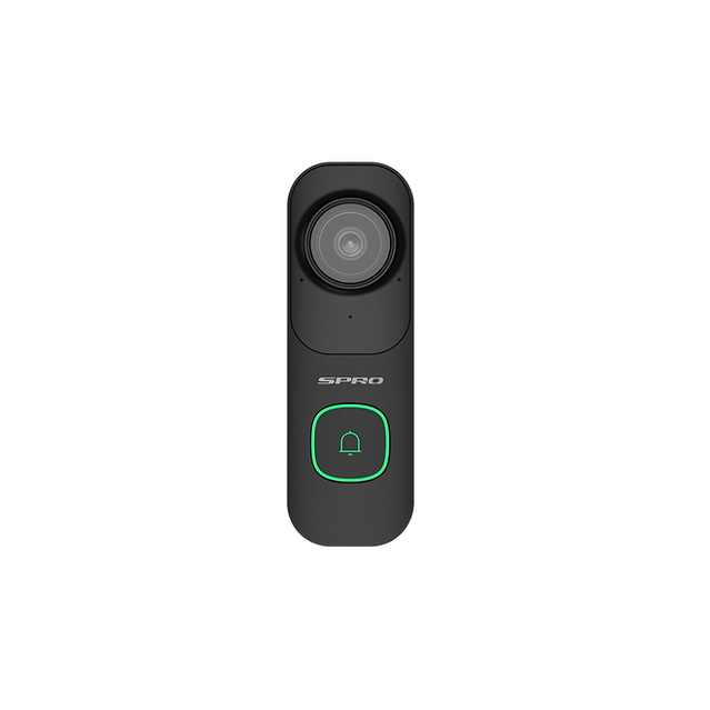 SPRO black smart WIFI video doorbell with a green light face on on a white background