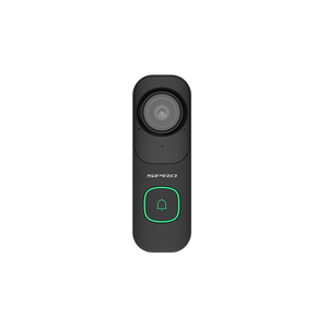 SPRO black smart WIFI video doorbell with a green light face on on a white background