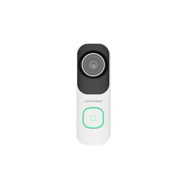SPRO white Smart WIFI video doorbell with green light face on on a white background