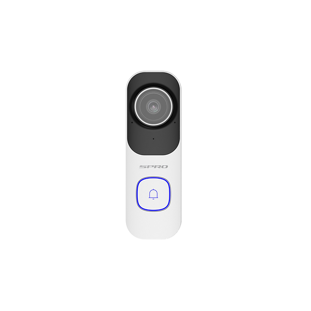 SPRO white Smart WIFI video doorbell with blue light face on, on a white background