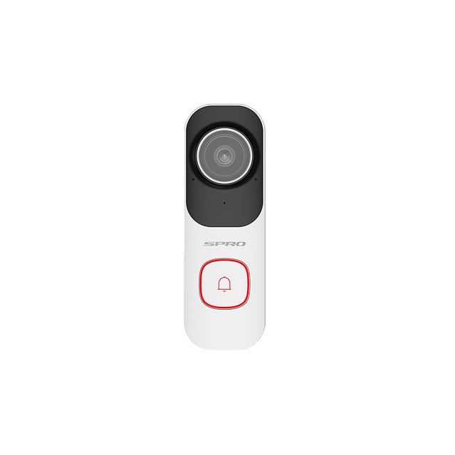 SPRO white Smart WIFI video doorbell with red light face on on a white background