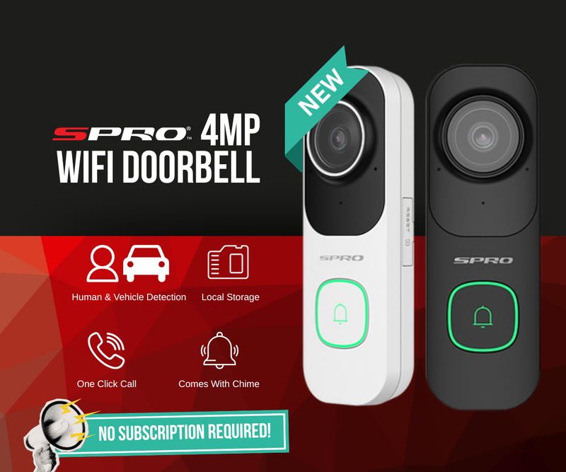 New SPRO 4MP WIFI DOORBELL in black and white with human and vehicle detection, local storage, one click call, comes with chime & no subscription required graphics. 