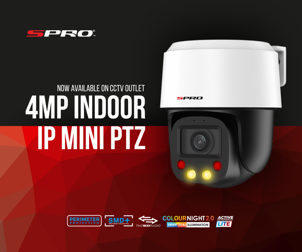 SPro 4MP indoor IP mini PTZ camera on a black and red background with perimeter protection, smart motion detection, two way audio, smart dual illumination and active deterrence lite technologies listed along the bottom.