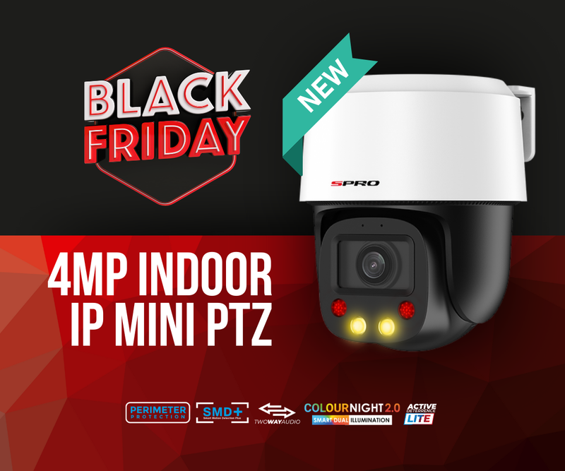 SPro 4MP indoor IP mini PTZ camera on a black and red background with a black friday deal. Listed along the bottom is perimeter protection, smart motion detection, two way audio, smart dual illumination and active deterrence lite technologies.