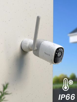 reolink altas Outdoor security camera attached to a wall in the rain with 'IP66' rating indicator.