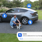 Person with a dog in front of a car, with security camera icons and a Reolink logo overlay.