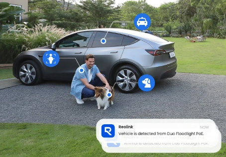 Person with a dog in front of a car, with security camera icons and a Reolink logo overlay.