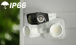 reolink duo floogdlight poe outdoor security camera in the rain featuring IP66 rating.