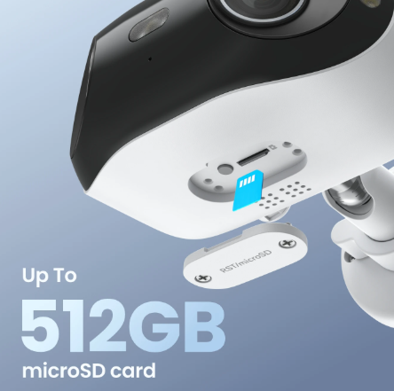 Underside of Reolink Elite WIFI Camera with microSD card slot and 'Up To 512GB microSD card' text on a light blue background