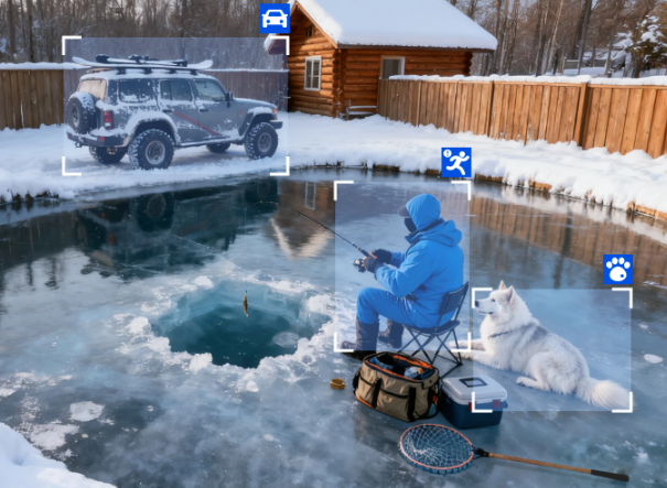 Person ice fishing with a dog on a frozen lake near a wooden cabin. there is a white detection box around the person, the dog and the car