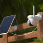 Reolink Altas Go PT CCTV camera with solar panel on a wooden post outdoors in the rain