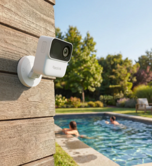A white Reolink outdoor security camera mounted on a wooden wall next to a swimming pool, with two people visible in the water and trees in the background.
