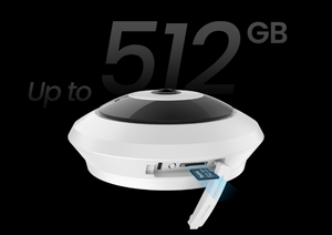 A white circular ceiling mount cctv camera with a black top dome, shown on a black background with large text reading '512 GB Up to' and a blue memory card partially inserted into its side port.