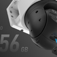 A close-up render of a black dome security camera with a white mounting bracket, shown against a dark gray background with text reading 'Up to 256 GB' and a visible MicroSD slot.